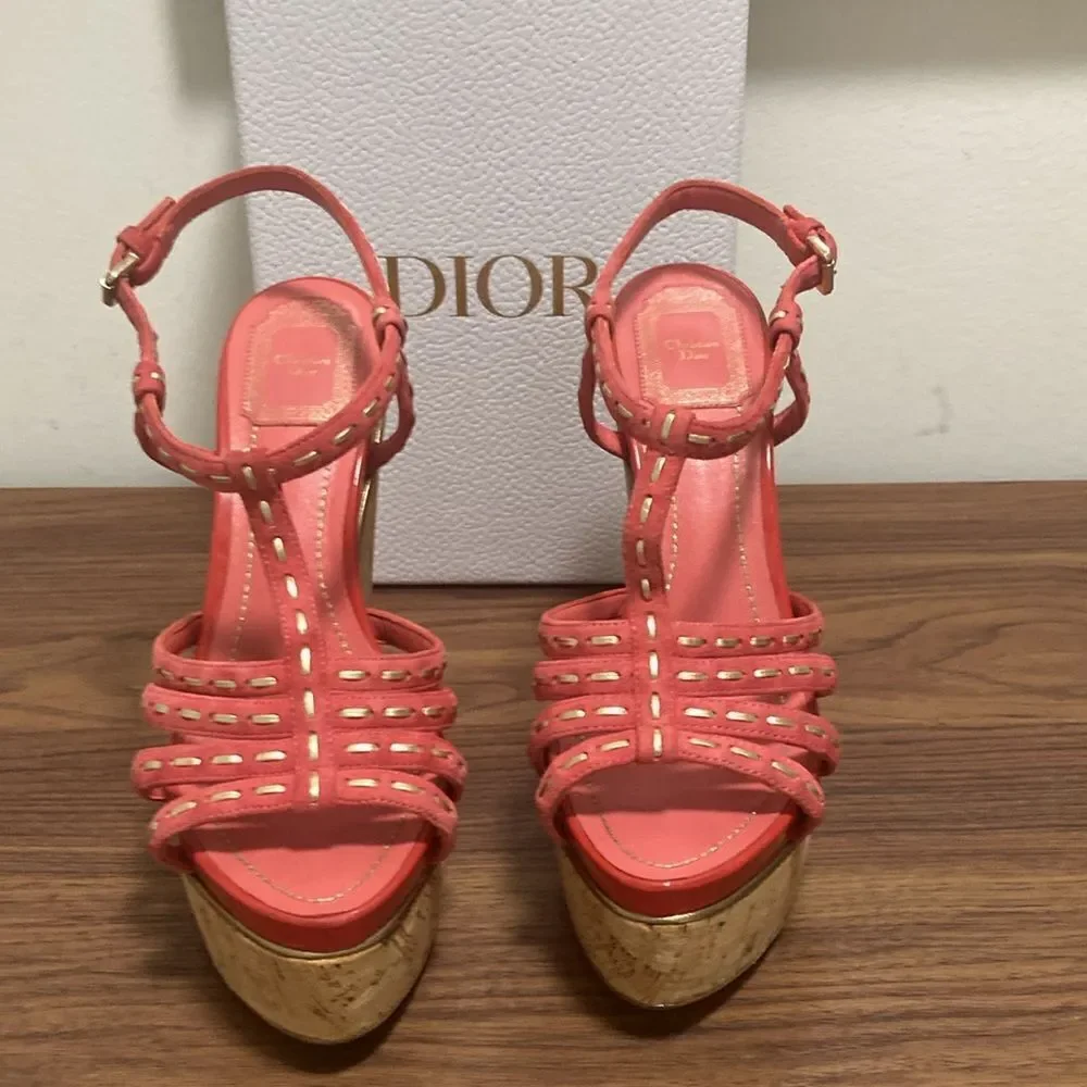 Dior Coral Leather Cork Platform Sandals with Gold Stitching